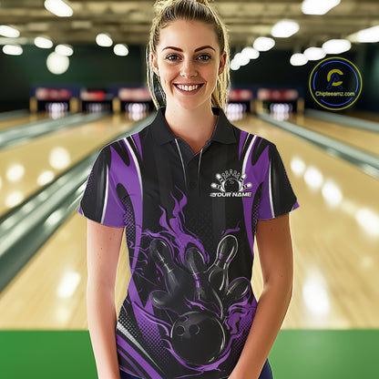 Black And Purple Flame Custom Bowling Women Polo Shirt, Bowling Tournament Team Jersey IPHW12142