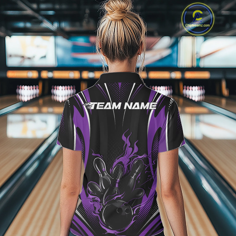 Black And Purple Flame Custom Bowling Women Polo Shirt, Bowling Tournament Team Jersey IPHW12142