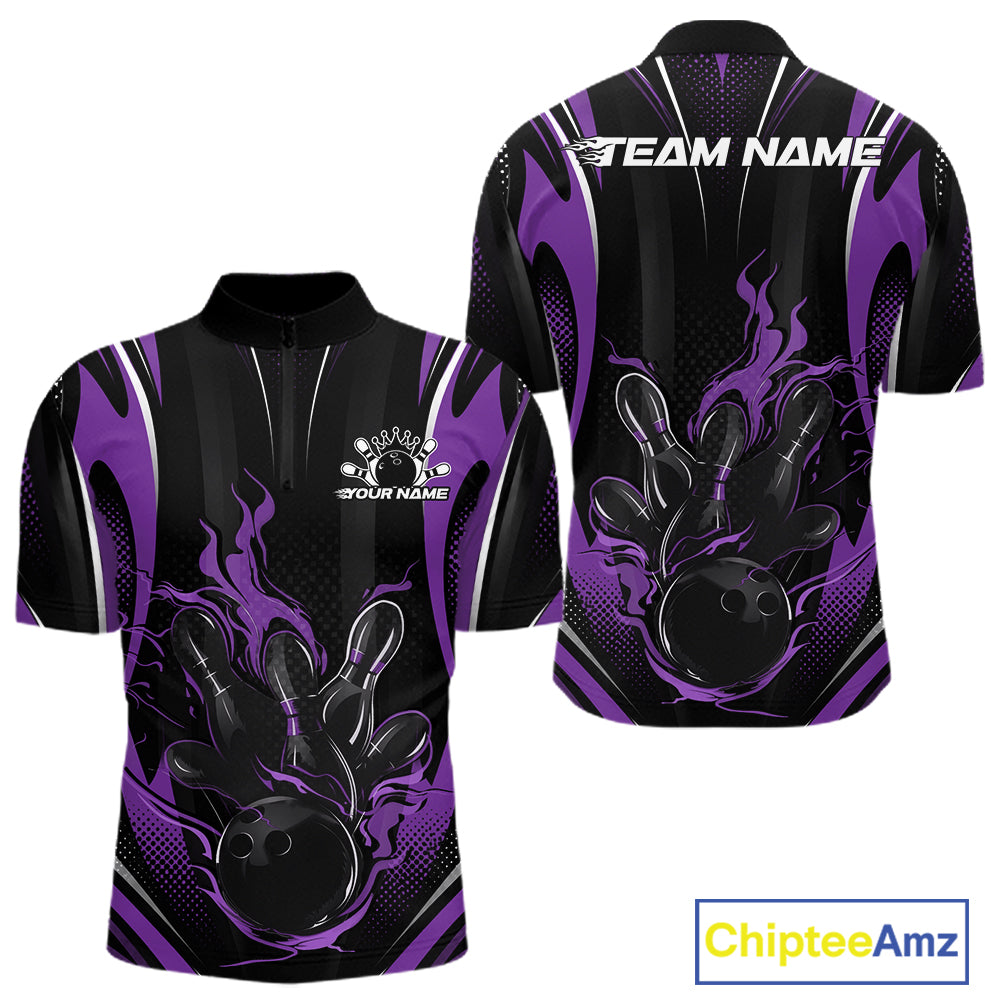 Black And Purple Flame Custom Bowling Men Quarter Zip Shirt, Bowling Tournament Team Jersey IPHW12142