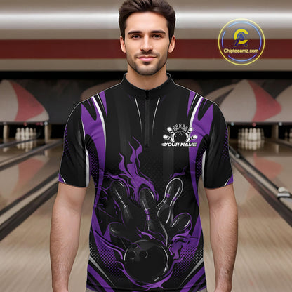 Black And Purple Flame Custom Bowling Men Quarter Zip Shirt, Bowling Tournament Team Jersey IPHW12142