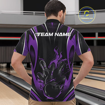 Black And Purple Flame Custom Bowling Men Quarter Zip Shirt, Bowling Tournament Team Jersey IPHW12142
