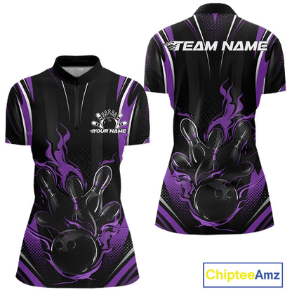 Purple Flame Custom Bowling Women Quarter-Zip Shirt, Bowling Tournament Team Jersey IPHW12142