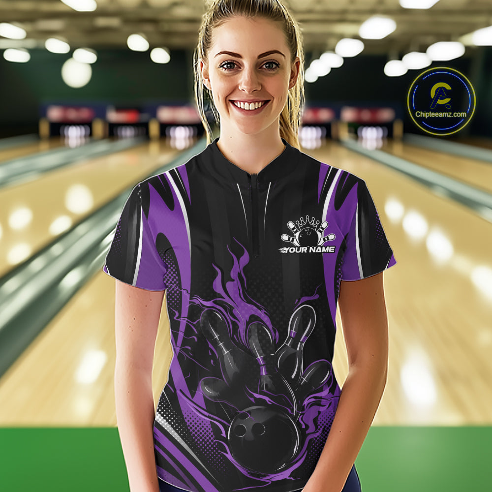 Purple Flame Custom Bowling Women Quarter-Zip Shirt, Bowling Tournament Team Jersey IPHW12142