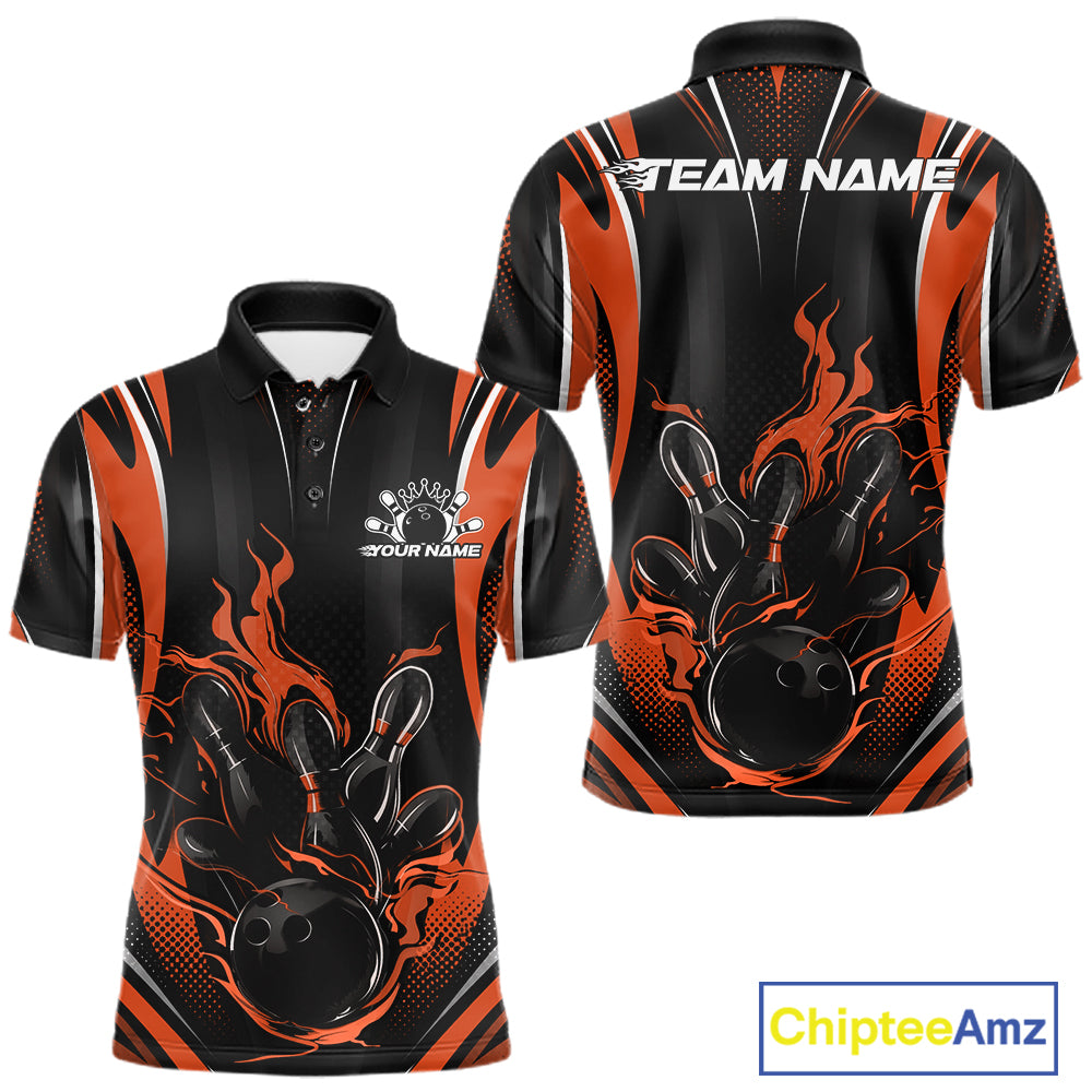 Black And Orange Flame Custom Bowling Men Polo Shirt, Bowling Tournament Team Jersey IPHW12143