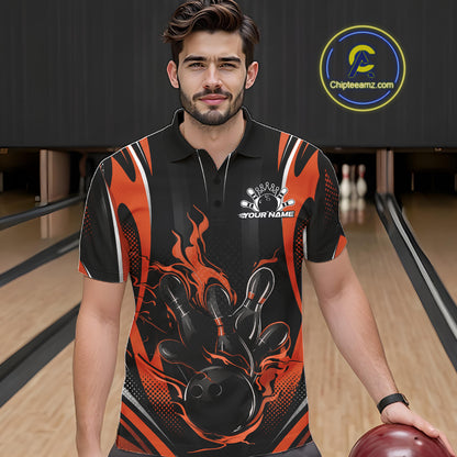 Black And Orange Flame Custom Bowling Men Polo Shirt, Bowling Tournament Team Jersey IPHW12143