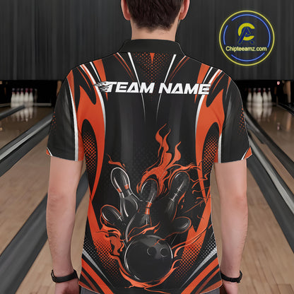 Black And Orange Flame Custom Bowling Men Polo Shirt, Bowling Tournament Team Jersey IPHW12143