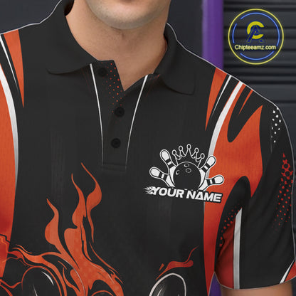 Black And Orange Flame Custom Bowling Men Polo Shirt, Bowling Tournament Team Jersey IPHW12143