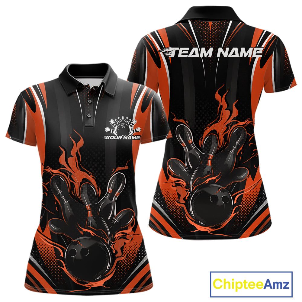 Black And Orange Flame Custom Bowling Women Polo Shirt, Bowling Tournament Team Jersey IPHW12143