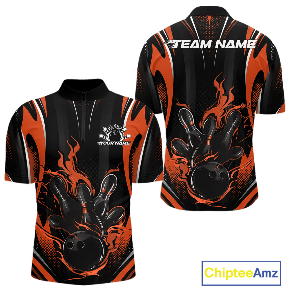 Black And Orange Flame Custom Bowling Men Quarter Zip Shirt, Bowling Tournament Team Jersey IPHW12143