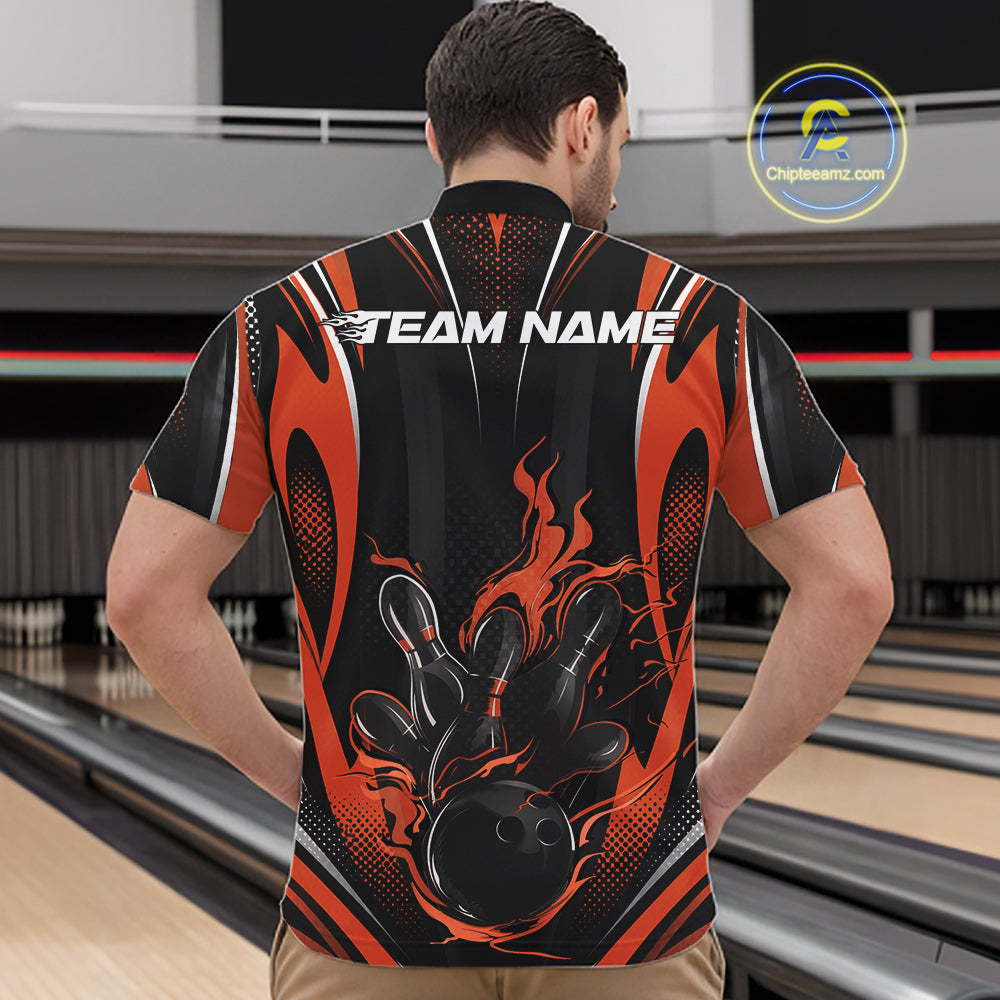 Black And Orange Flame Custom Bowling Men Quarter Zip Shirt, Bowling Tournament Team Jersey IPHW12143