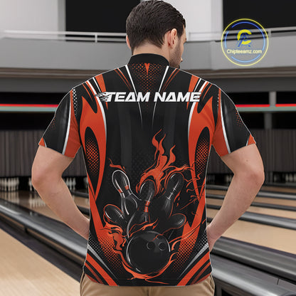 Black And Orange Flame Custom Bowling Men Quarter Zip Shirt, Bowling Tournament Team Jersey IPHW12143
