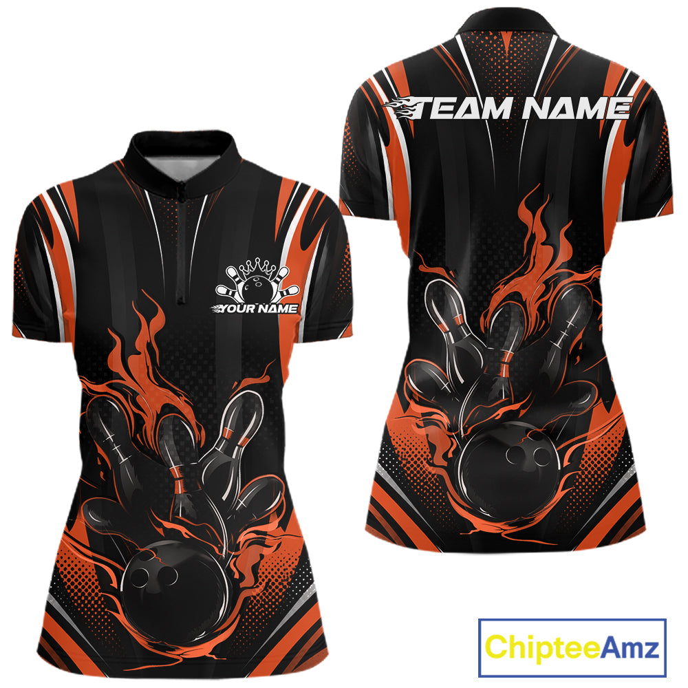 Orange Flame Custom Bowling Women Quarter-Zip Shirt, Bowling Tournament Team Jersey IPHW12143