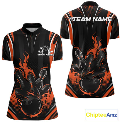 Orange Flame Custom Bowling Women Quarter-Zip Shirt, Bowling Tournament Team Jersey IPHW12143