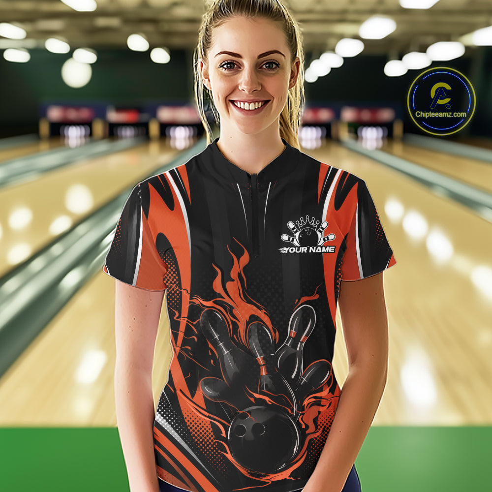 Orange Flame Custom Bowling Women Quarter-Zip Shirt, Bowling Tournament Team Jersey IPHW12143