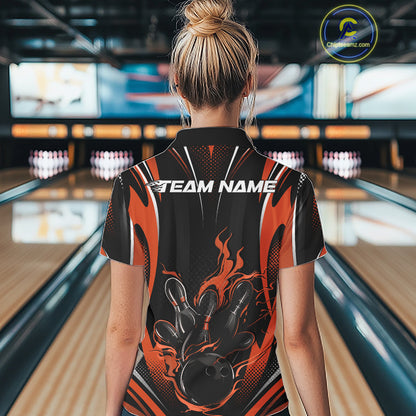 Orange Flame Custom Bowling Women Quarter-Zip Shirt, Bowling Tournament Team Jersey IPHW12143