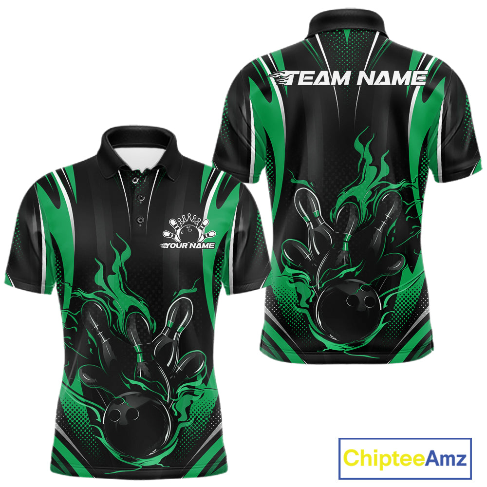 Black And Green Flame Custom Bowling Men Polo Shirt, Bowling Tournament Team Jersey IPHW12144