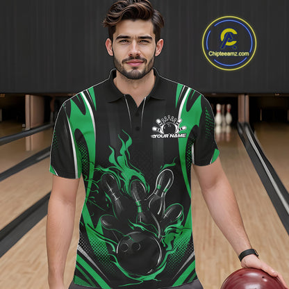 Black And Green Flame Custom Bowling Men Polo Shirt, Bowling Tournament Team Jersey IPHW12144