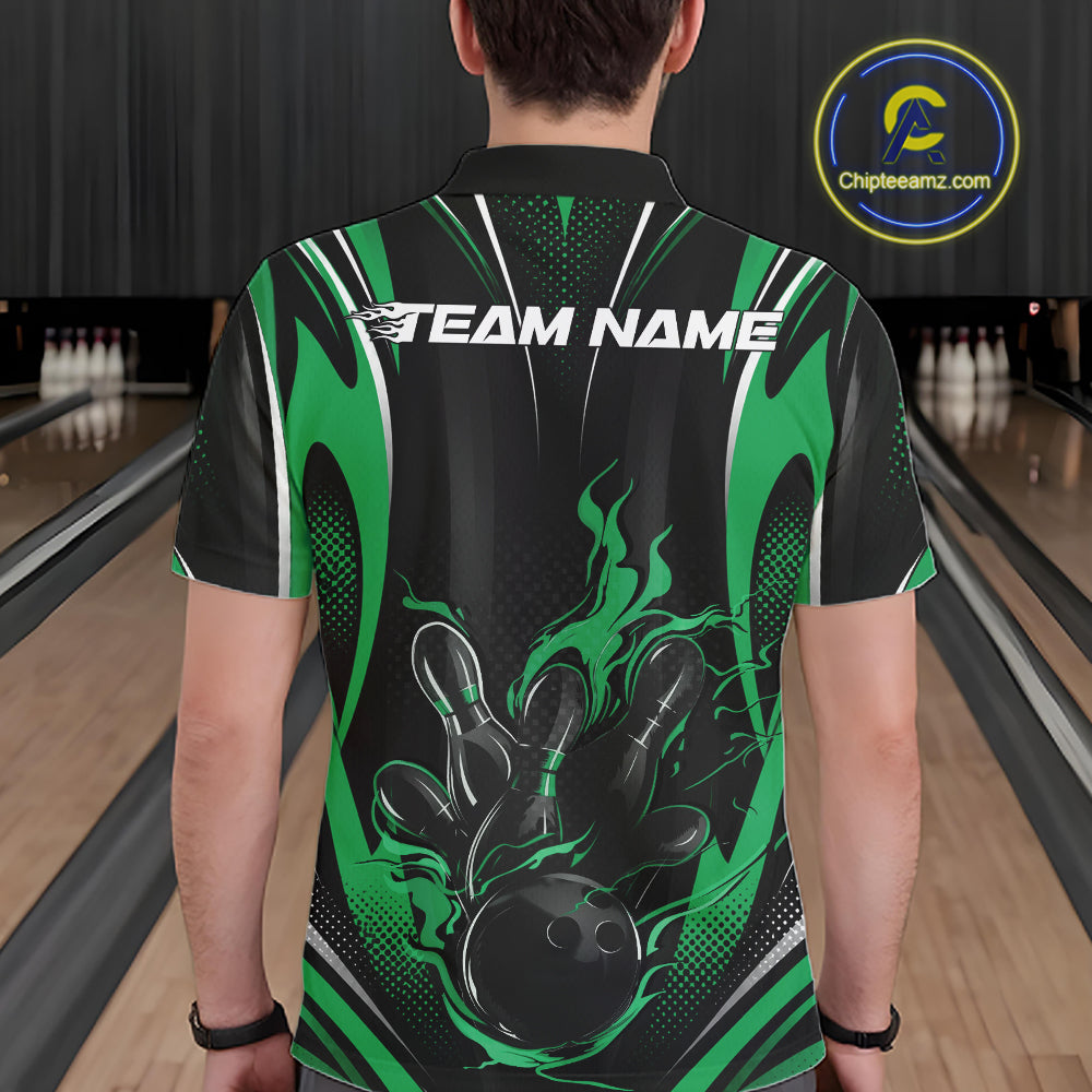 Black And Green Flame Custom Bowling Men Polo Shirt, Bowling Tournament Team Jersey IPHW12144
