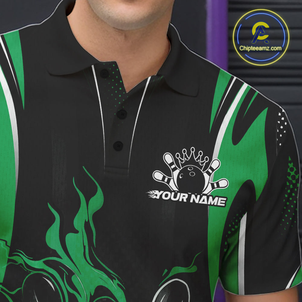 Black And Green Flame Custom Bowling Men Polo Shirt, Bowling Tournament Team Jersey IPHW12144