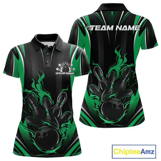 Black And Green Flame Custom Bowling Women Polo Shirt, Bowling Tournament Team Jersey IPHW12144