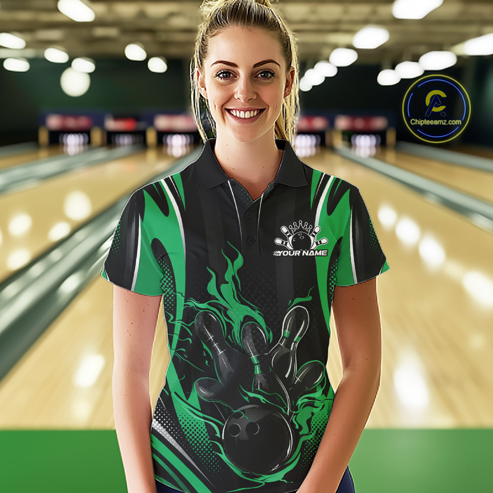 Black And Green Flame Custom Bowling Women Polo Shirt, Bowling Tournament Team Jersey IPHW12144