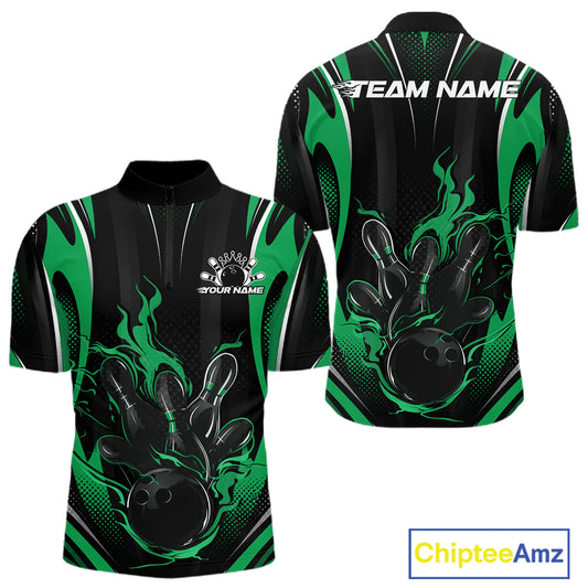 Black And Green Flame Custom Bowling Men Quarter Zip Shirt, Bowling Tournament Team Jersey IPHW12144