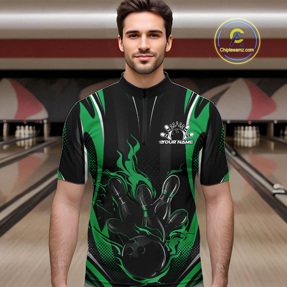 Black And Green Flame Custom Bowling Men Quarter Zip Shirt, Bowling Tournament Team Jersey IPHW12144