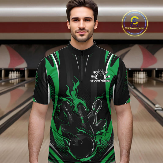 Black And Green Flame Custom Bowling Men Quarter Zip Shirt, Bowling Tournament Team Jersey IPHW12144