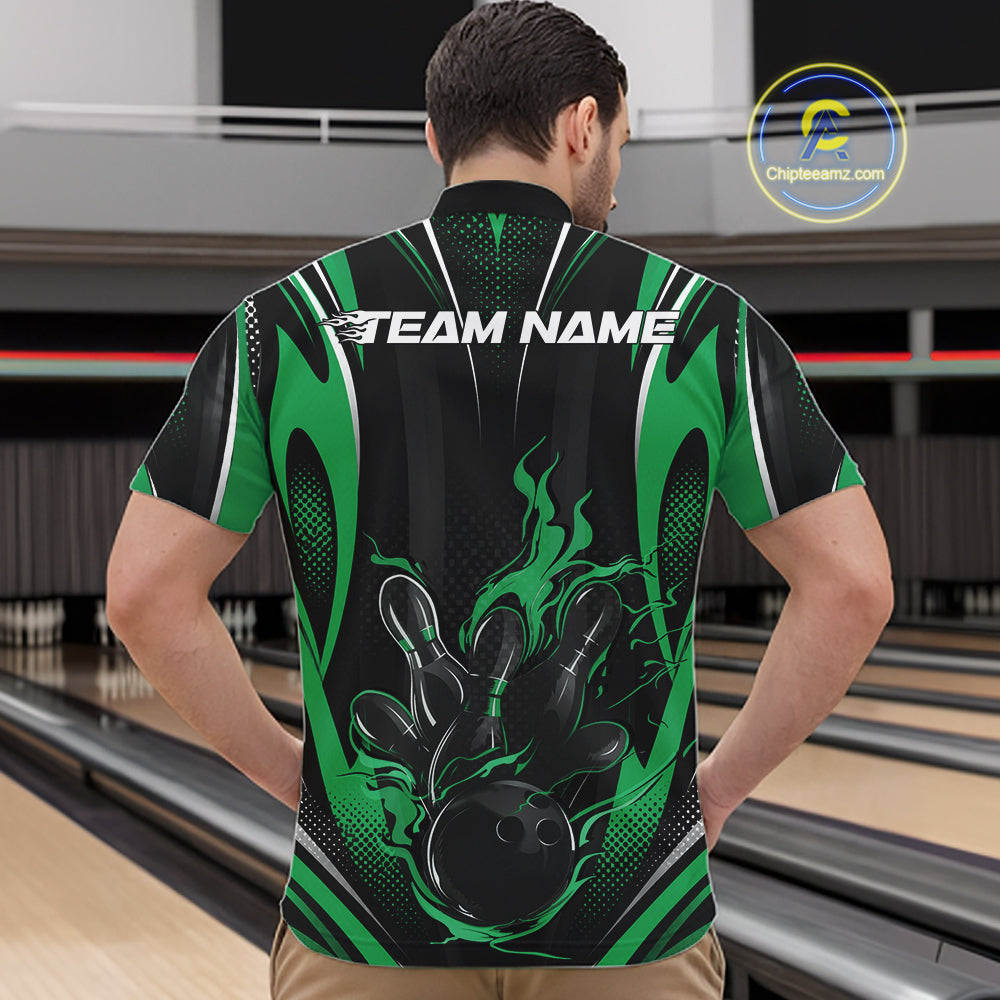 Black And Green Flame Custom Bowling Men Quarter Zip Shirt, Bowling Tournament Team Jersey IPHW12144