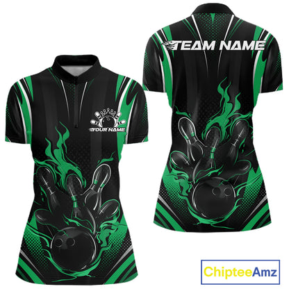 Green Flame Custom Bowling Women Quarter-Zip Shirt, Bowling Tournament Team Jersey IPHW12144