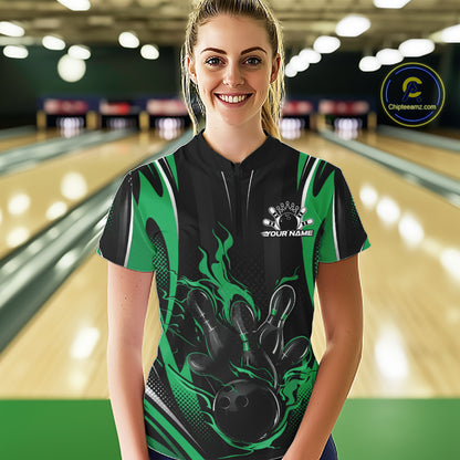 Green Flame Custom Bowling Women Quarter-Zip Shirt, Bowling Tournament Team Jersey IPHW12144