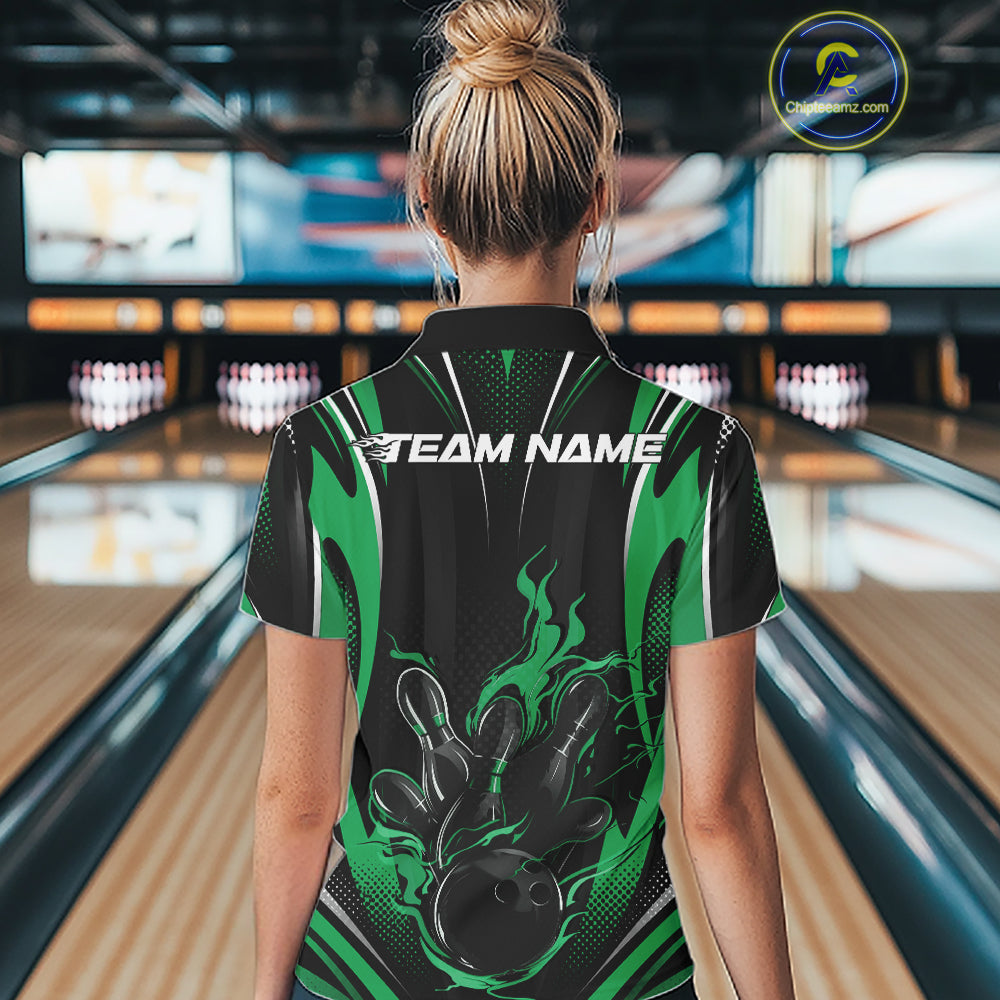 Green Flame Custom Bowling Women Quarter-Zip Shirt, Bowling Tournament Team Jersey IPHW12144