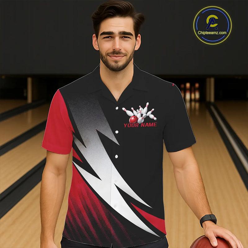 Black And Red Custom Bowling Jerseys, Bowling Hawaiian Team Shirts For Men Tournament Outfits IPHW7706