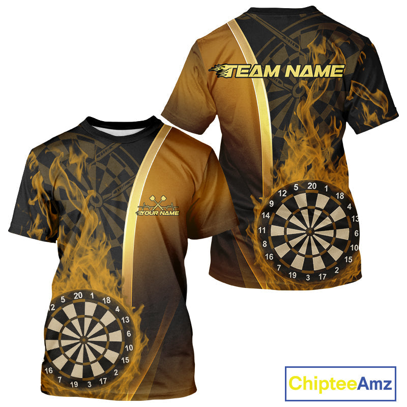 Custom Black And Gold Flame Dartboard Dart Team Men T-Shirts, Fire Dart Jersey IPHW9991