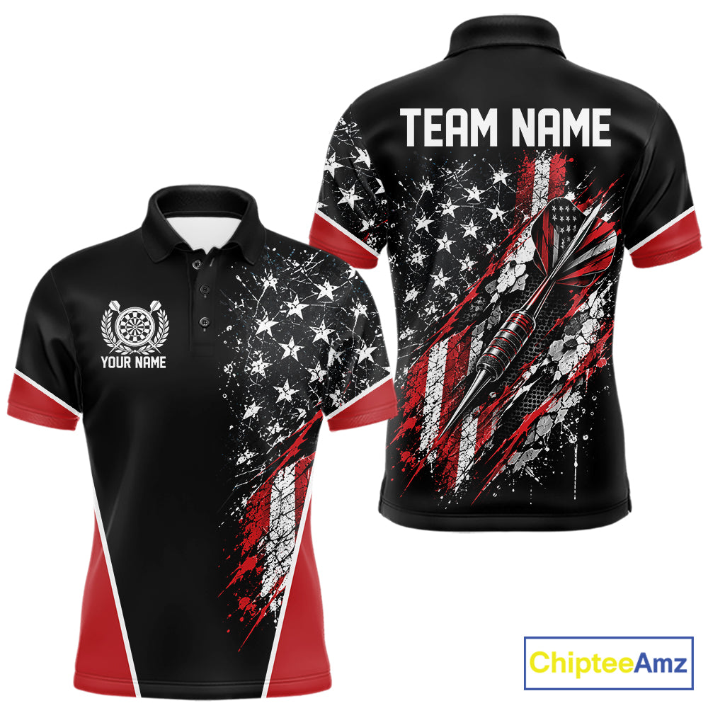 Custom Black And Red Grunge American Patriotic Dart Men Polo Shirt, Vintage Dart Jersey IPHW12511