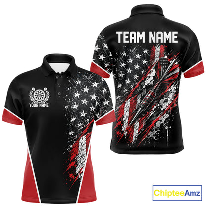 Custom Black And Red Grunge American Patriotic Dart Men Polo Shirt, Vintage Dart Jersey IPHW12511
