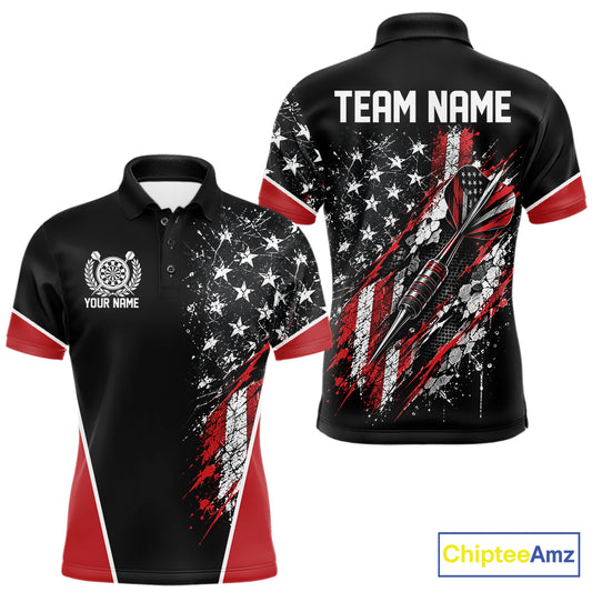 Custom Black And Red Grunge American Patriotic Dart Men Polo Shirt, Vintage Dart Jersey IPHW12511