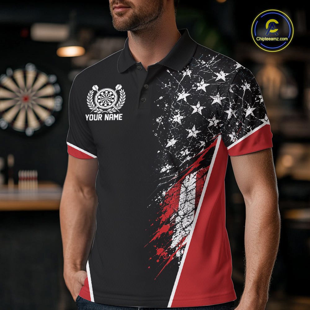Custom Black And Red Grunge American Patriotic Dart Men Polo Shirt, Vintage Dart Jersey IPHW12511