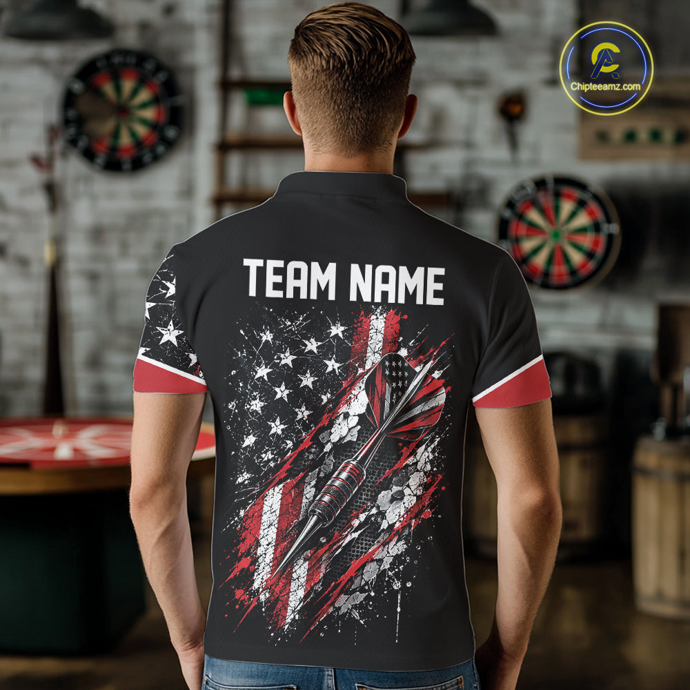 Custom Black And Red Grunge American Patriotic Dart Men Polo Shirt, Vintage Dart Jersey IPHW12511