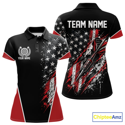 Custom Black And Red Grunge American Patriotic Dart Women Polo Shirt, Vintage Dart Jersey IPHW12511
