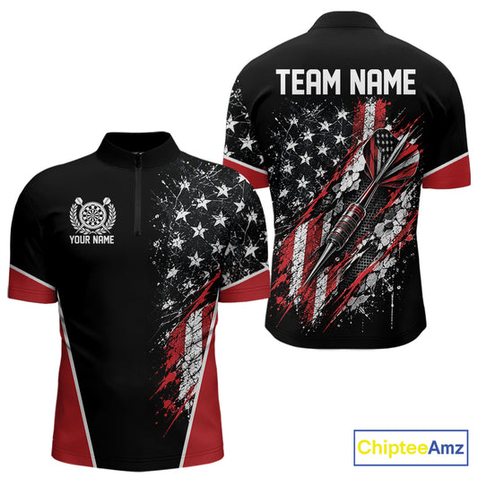 Custom Black And Red Grunge American Patriotic Dart Men Quarter Zip Shirt, Vintage Dart Jersey IPHW12511