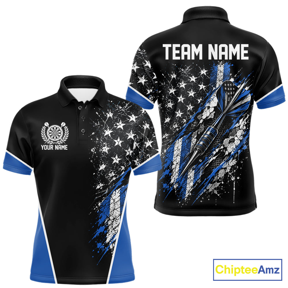 Custom Black And Blue Grunge American Patriotic Dart Men Polo Shirt, Vintage Dart Jersey IPHW12512