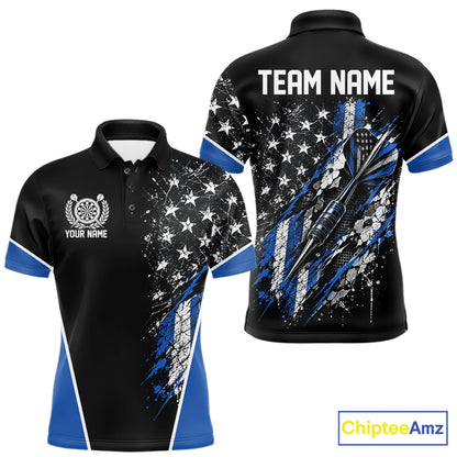 Custom Black And Blue Grunge American Patriotic Dart Men Polo Shirt, Vintage Dart Jersey IPHW12512