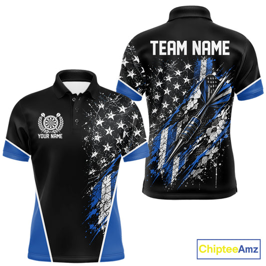 Custom Black And Blue Grunge American Patriotic Dart Men Polo Shirt, Vintage Dart Jersey IPHW12512