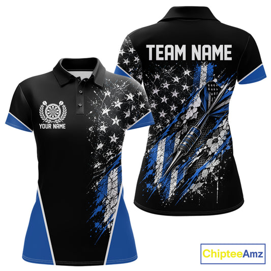 Custom Black And Blue Grunge American Patriotic Dart Women Polo Shirt, Vintage Dart Jersey IPHW12512