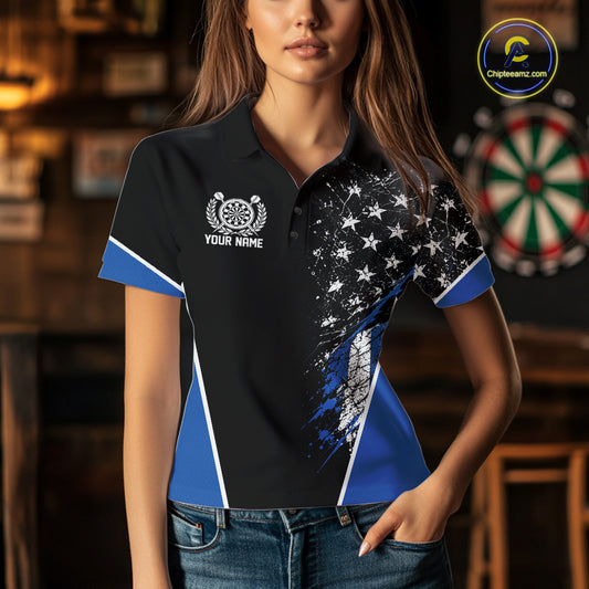 Custom Black And Blue Grunge American Patriotic Dart Women Polo Shirt, Vintage Dart Jersey IPHW12512