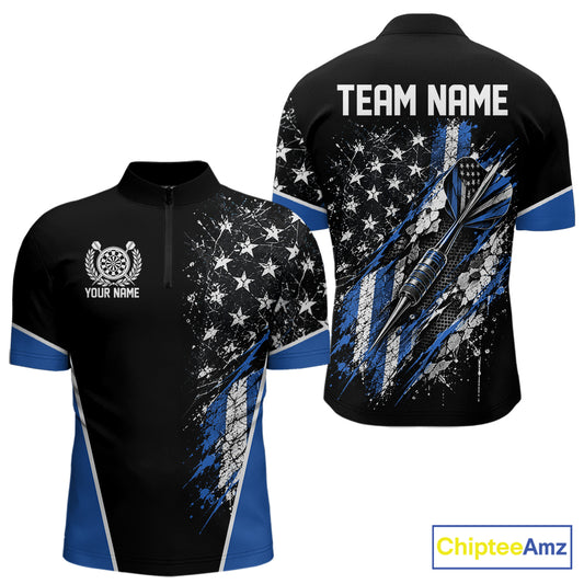 Custom Black And Blue Grunge American Patriotic Dart Men Quarter Zip Shirt, Vintage Dart Jersey IPHW12512