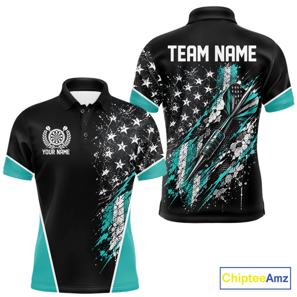 Custom Black And Turquoise Grunge American Patriotic Dart Men Polo, Vintage Dart Jersey IPHW12513