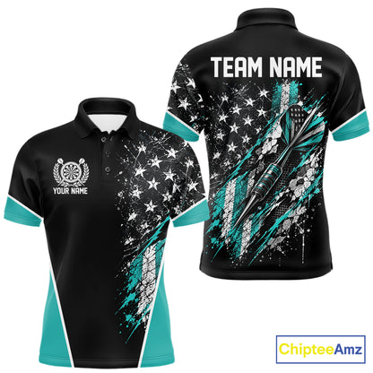 Custom Black And Turquoise Grunge American Patriotic Dart Men Polo, Vintage Dart Jersey IPHW12513