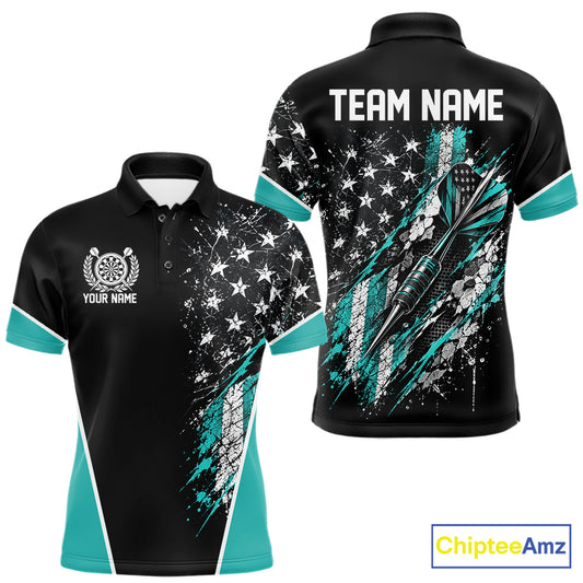 Custom Black And Turquoise Grunge American Patriotic Dart Men Polo, Vintage Dart Jersey IPHW12513